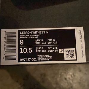 Lebron Witness IV shoe. Tried on and worn One Time. Still look brand new!!!